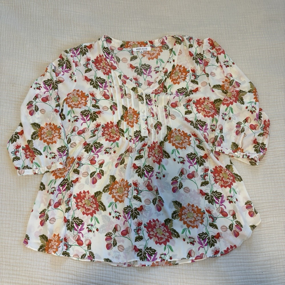 Rose‎ + Olive Blouse Women's 2X Floral Pleated V-Neck Top Boho Cottagcore Indie